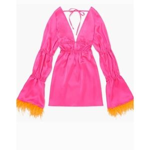 Weworewhat Pink Mini Dress With Orange Feathers. Size S